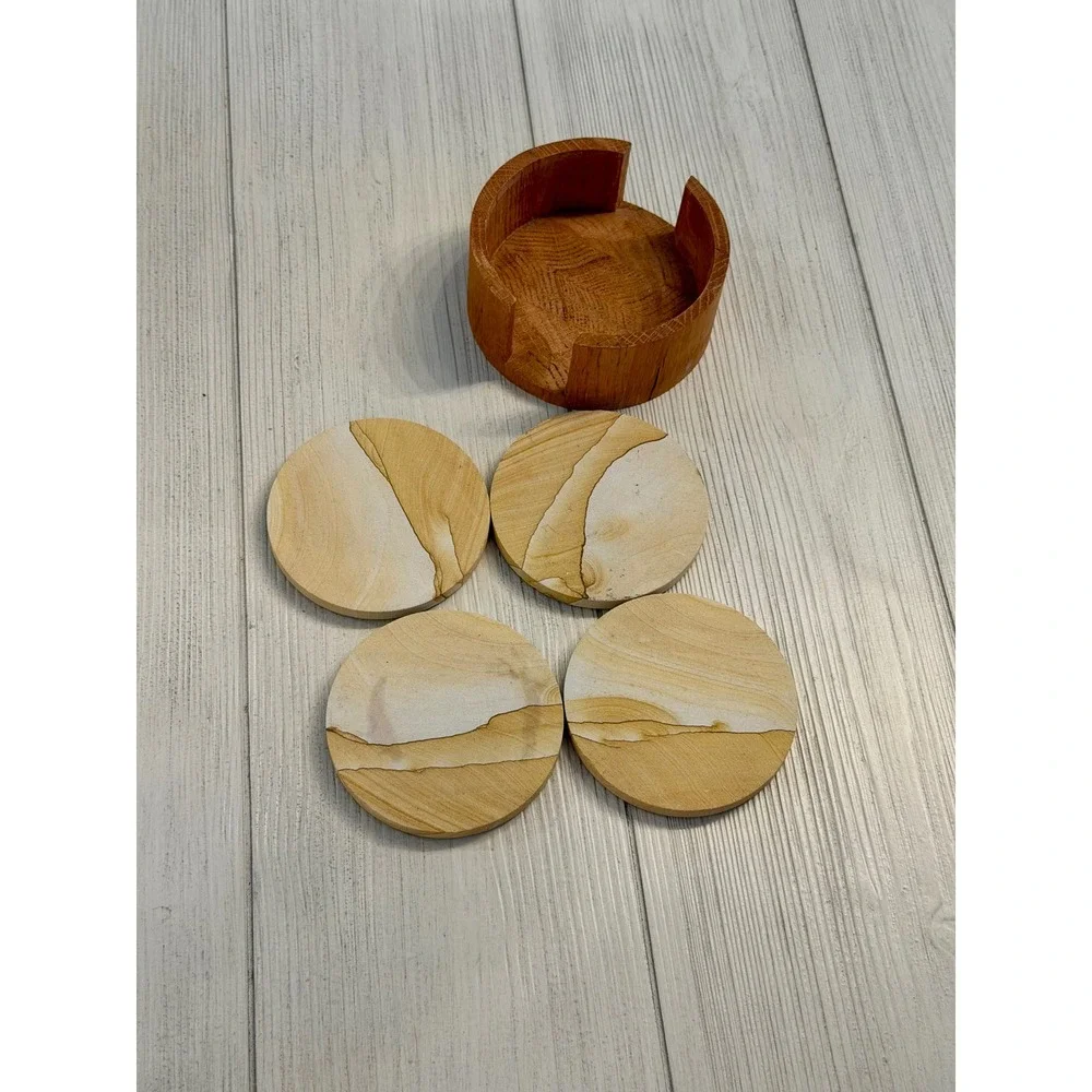 Natural Sandstone Coasters Set of 4 with Wood Holder Cork Backing Tan Stone